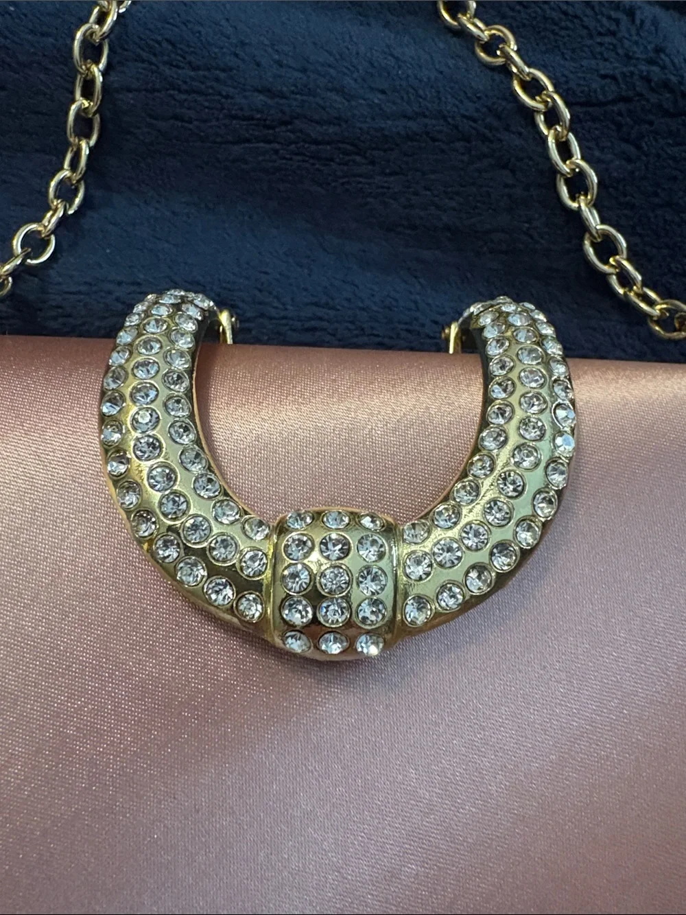INC Rose Gold Satin Clutch with Crystal Horseshoe Accent